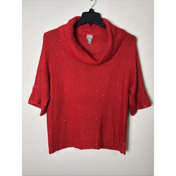 Chico's Red Sequin Sweater Size 2/Large Cowl Neck Shimmer 3/4 Sleeve Holiday - Picture 1 of 8